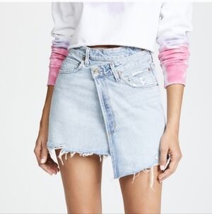 AGOLDE Denim Skirt Audrey Criss Cross Mini High Rise Distressed Raw Hem Size 27